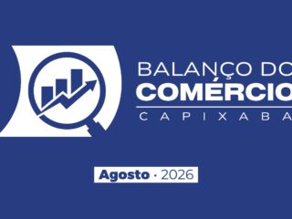 Arte do Balanço do Comércio Capixaba de agosto de 2026, com lupa sobre gráfico de barras em alta ao lado do nome da publicação, em fundo azul-marinho