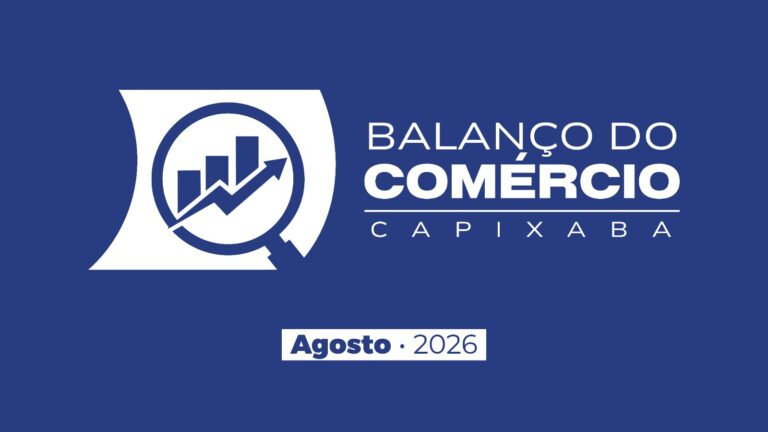 Arte do Balanço do Comércio Capixaba de agosto de 2026, com lupa sobre gráfico de barras em alta ao lado do nome da publicação, em fundo azul-marinho
