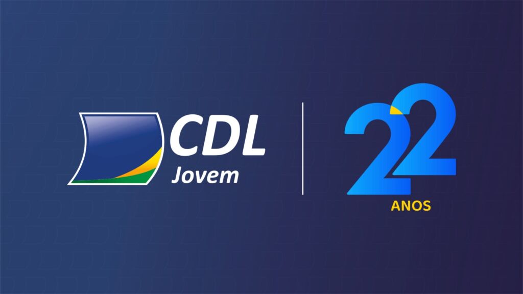 Arte de aniversário com o logotipo da CDL Jovem e o número 22 anos sobre fundo azul