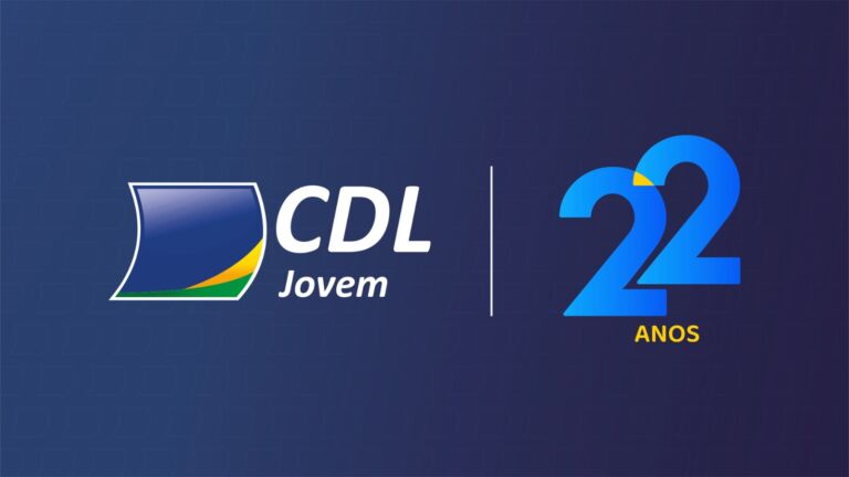 Arte de aniversário com o logotipo da CDL Jovem e o número 22 anos sobre fundo azul