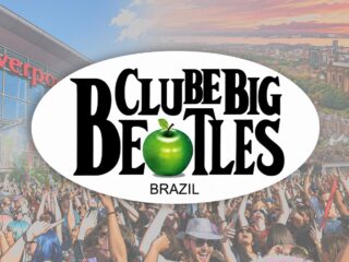 Arte de divulgação do Clube Big Beatles Brazil, com o logotipo do grupo sobre imagens de Liverpool e do público do festival