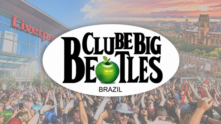 Arte de divulgação do Clube Big Beatles Brazil, com o logotipo do grupo sobre imagens de Liverpool e do público do festival