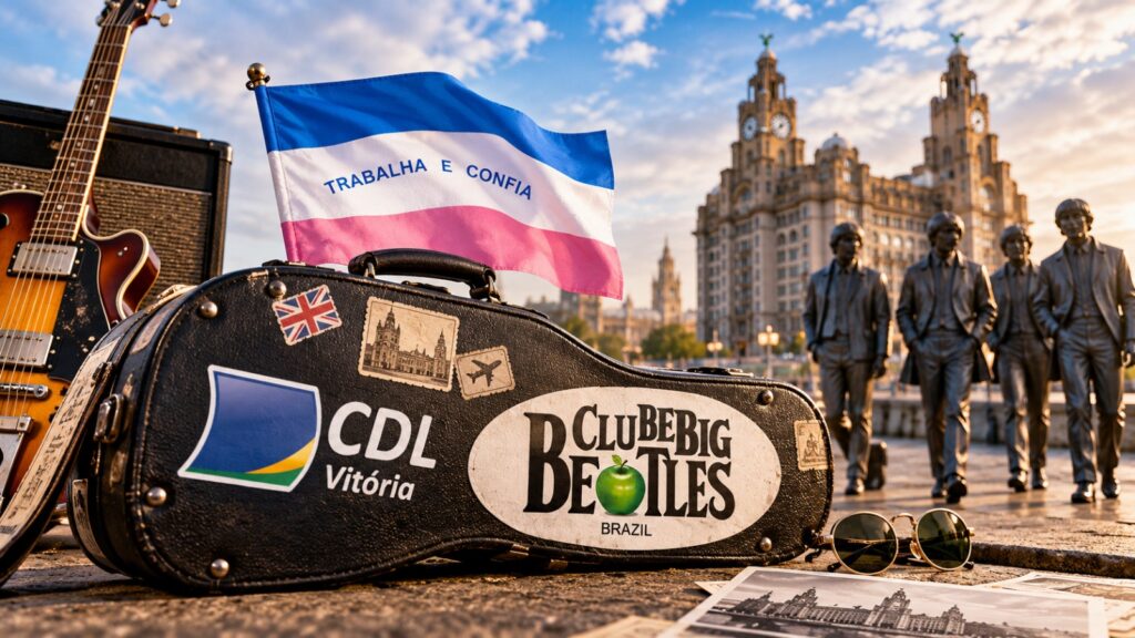 Arte com estojo de guitarra com as marcas da CDL Vitória e do Clube Big Beatles, a bandeira do Espírito Santo e, ao fundo, a estátua dos Beatles e o Royal Liver Building, em Liverpool