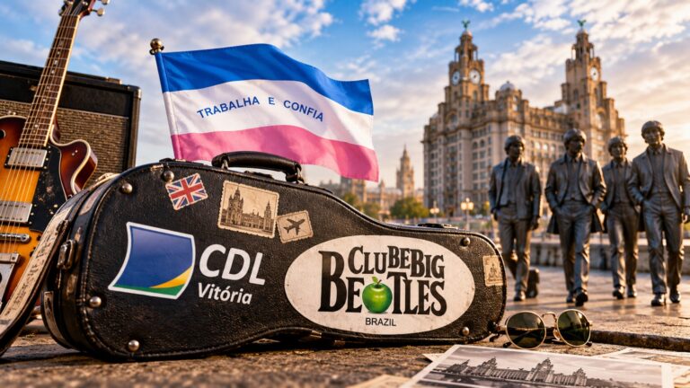 Arte com estojo de guitarra com as marcas da CDL Vitória e do Clube Big Beatles, a bandeira do Espírito Santo e, ao fundo, a estátua dos Beatles e o Royal Liver Building, em Liverpool