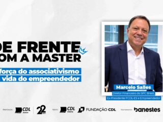 Arte de divulgação do De Frente com a Master, da CDL Jovem Vitória, com a foto de Marcelo Salles, diretor financeiro do SPC Brasil, ex-presidente da FCDL-ES e empreendedor, e o tema A força do associativismo na vida do empreendedor