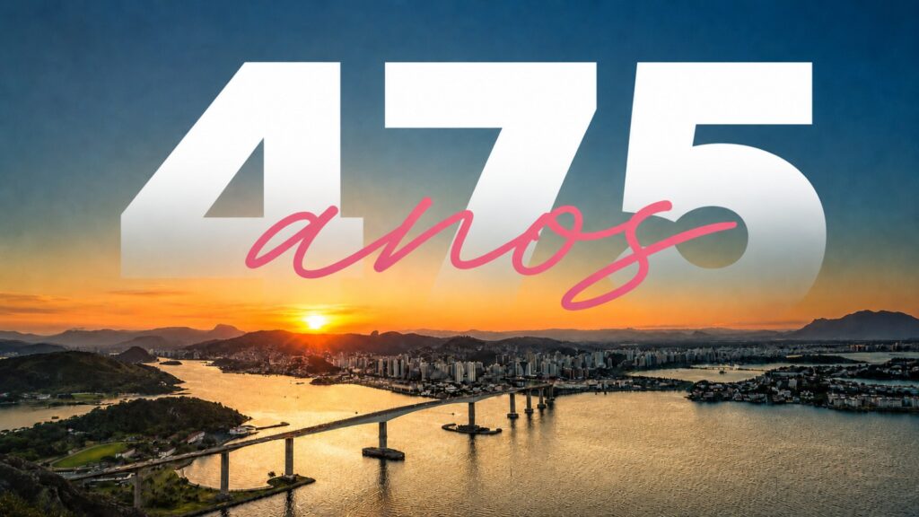 Arte dos 475 anos de Vitória - ES sobre foto aérea da Terceira Ponte ao pôr do sol
