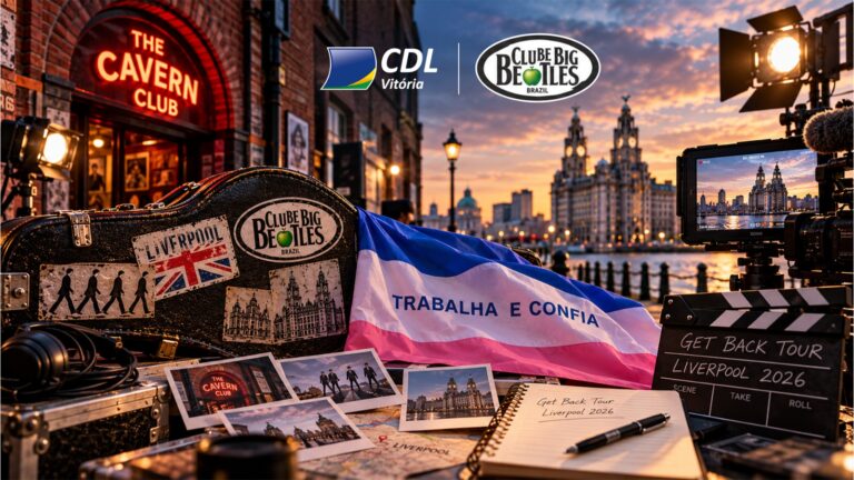 Arte com as marcas da CDL Vitória e do Clube Big Beatles diante do Cavern Club e do porto de Liverpool, com estojo de guitarra, bandeira do Espírito Santo, câmera de filmagem e claquete da Get Back Tour Liverpool 2026