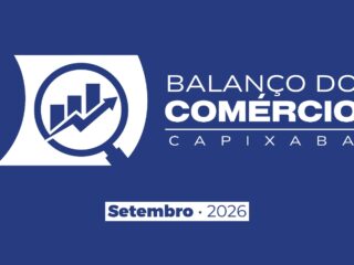 Arte azul do Balanço do Comércio Capixaba de setembro de 2026, com ícone de lupa sobre gráfico de barras e seta em alta