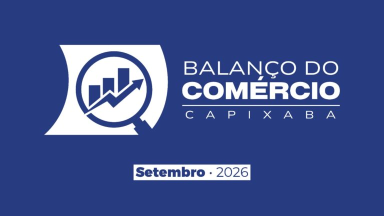 Arte azul do Balanço do Comércio Capixaba de setembro de 2026, com ícone de lupa sobre gráfico de barras e seta em alta